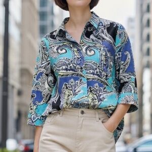 Chico's Blue and Black Paisley Button Down Shirt Size 0
